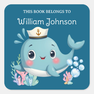 Sticker Carré Ex-libris de baleine bleue mignonne pour enfants