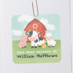 Sticker Carré Ex-libris de livre de ferme mignon pour enfants