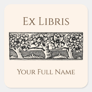 Sticker Carré Ex Libris de livres aux arbres médiévaux, Étiquett