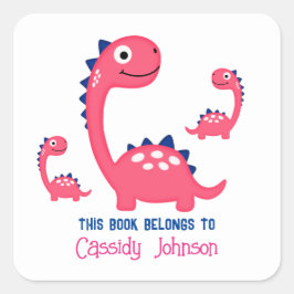 Sticker Carré Ex-libris fille famille dinosaure rose