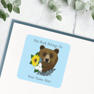 Sticker Carré Ex-libris Fleur Bleue Ours Brun Faune Plume