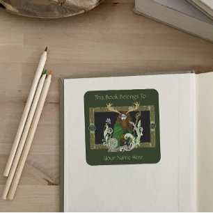 Sticker Carré Ex-libris Homme aux bois de cerf celtiques verts