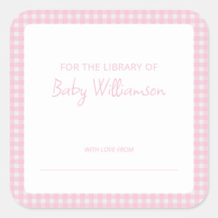 Sticker Carré Ex-libris Mignon Plaid Gingham Rose Fête de Bébé