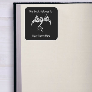 Sticker Carré Ex-libris Noir Blanc Entrelacs de Dragon Celtique