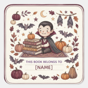 Sticker Carré Ex-libris personnalisé pour enfants avec un vampir