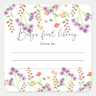 Sticker Carré Ex-libris pour Baby Shower Wildflowers, livres pou