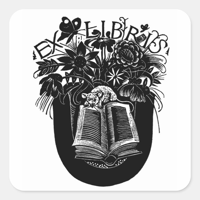 Sticker Carré Ex Libris Souris & Livre (Devant)