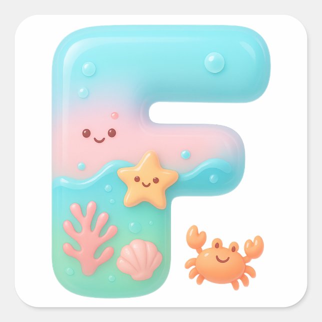 Sticker Carré "F" Cute Bubble Letter - Underwater Sea Creature A (Devant)