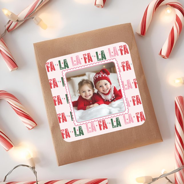 Sticker Carré Fa La La Photo de Noël personnalisé  (Créateur téléchargé)