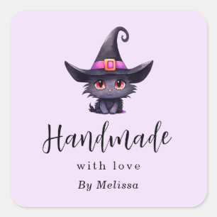 Sticker Carré Fabriqué à la main avec amour Cute Chat noir dans