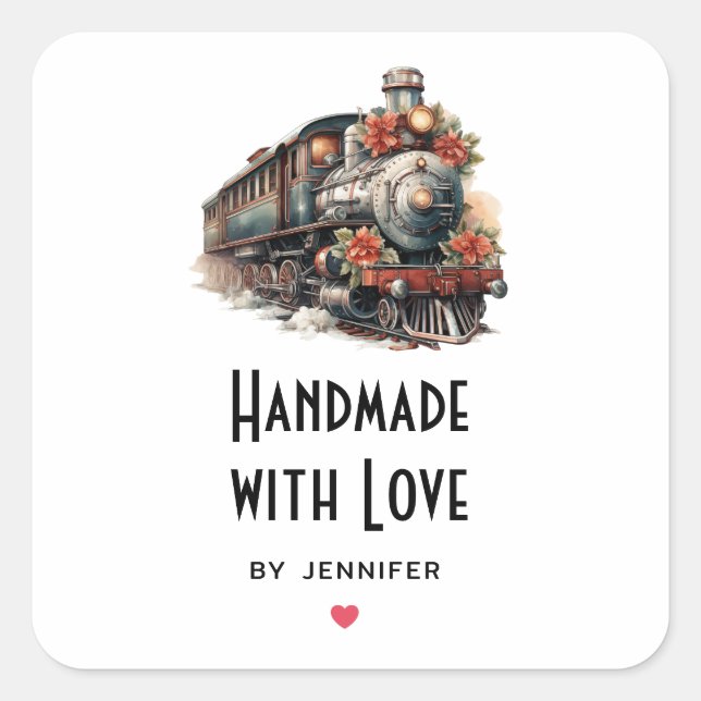 Sticker Carré Fabriqué à la main avec amour Train à vapeur Vinta (Devant)