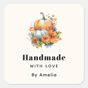 Sticker Carré Fabriqué à la main avec l'amour Citrouilles et fle