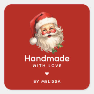 Sticker Carré Fabriqué à la main avec l'amour Père Noël Rétro No