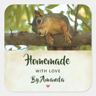Sticker Carré Fabriqué avec amour Cute Curieux écureuil Nature P