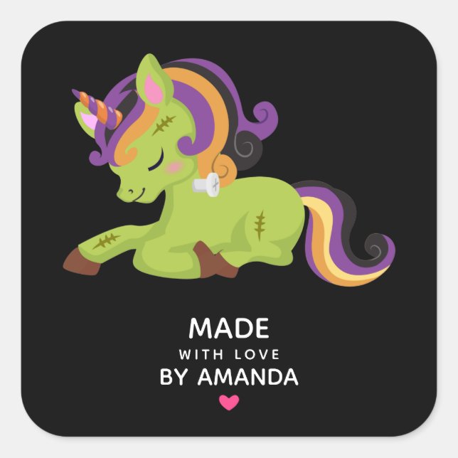 Sticker Carré Fabriqué avec amour Cute Frankenstein Unicorn Hall (Devant)