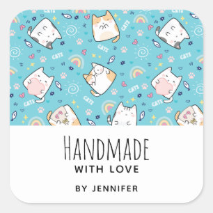 Sticker Carré Fabriqué avec amour Cute Kitty Chat Motif Whimsica