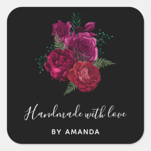 Sticker Carré Fabriqué avec amour Élégant Magenta Rose Bouquet f