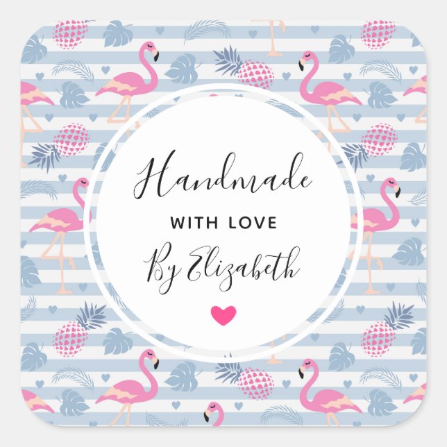 Sticker Carré Fabriqué avec amour Flamant rose Whimsical & anana (Devant)
