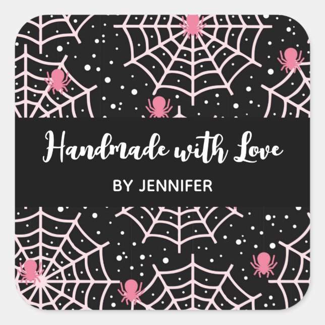 Sticker Carré Fabriqué avec amour Halloween Cobwebs & Spiders Mo (Devant)