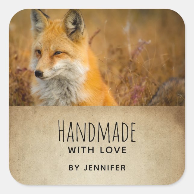 Sticker Carré Fabriqué avec amour mignon Red Fox Wilderness Phot (Devant)