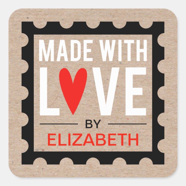 Sticker Carré Fabriqué Avec Amour Rustique Kraft (Devant)