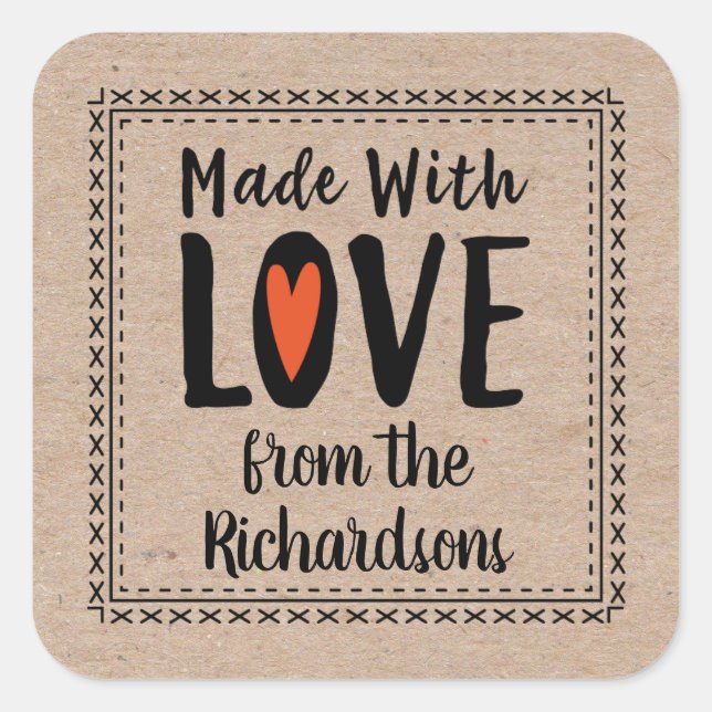 Sticker Carré Fabriqué Avec Amour Rustique Kraft (Devant)