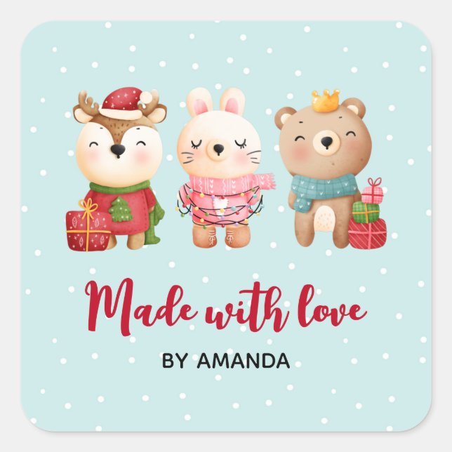 Sticker Carré Fabriqué avec des animaux de Noël d'amour en tenue (Devant)