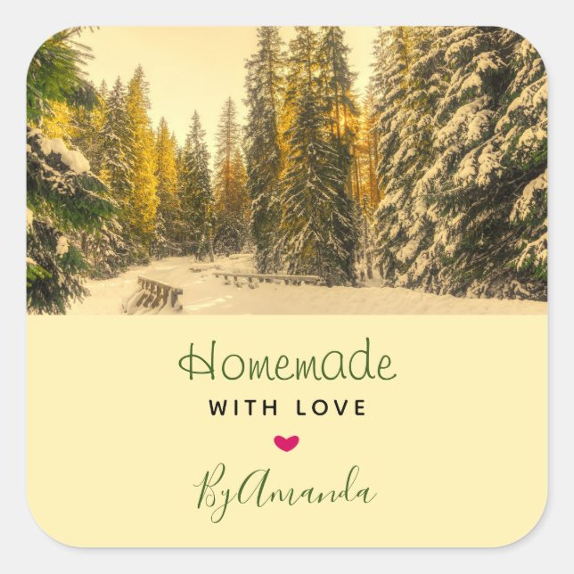 Sticker Carré Fabriqué avec l'amour neigeux Pins couverts (Devant)