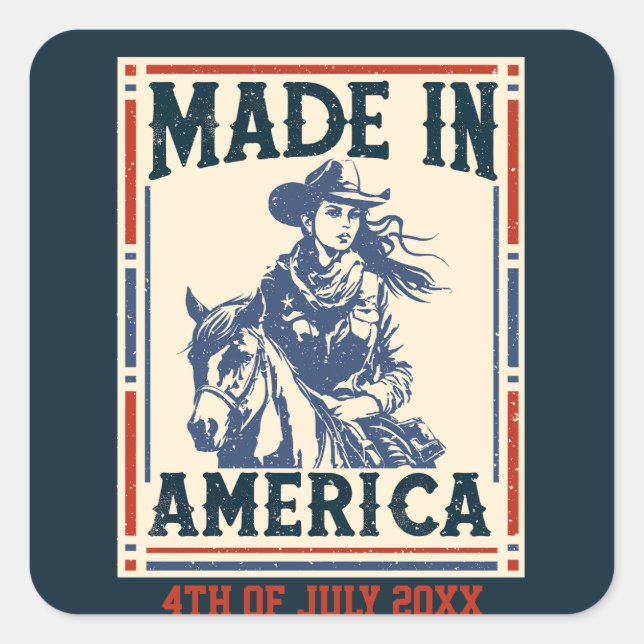Sticker Carré Fabriqué en Amérique 4 juillet Cowgirl Patriotique (Devant)