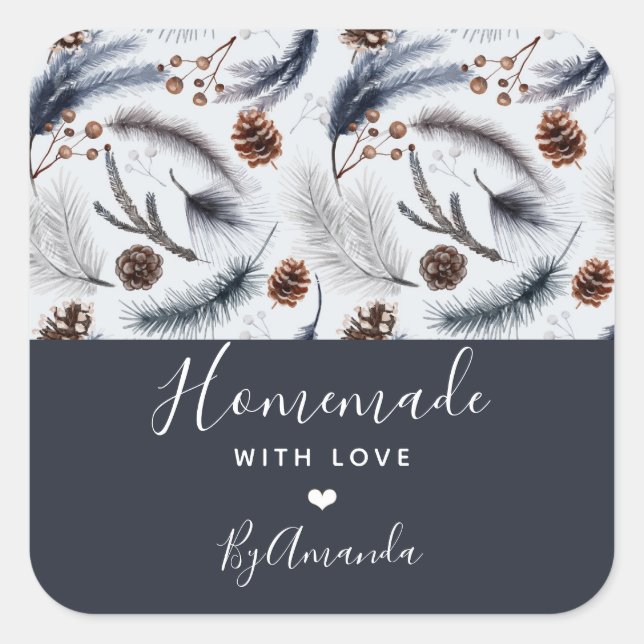 Sticker Carré Fabriqué maison avec Love Pine Cones Motif d'hiver (Devant)