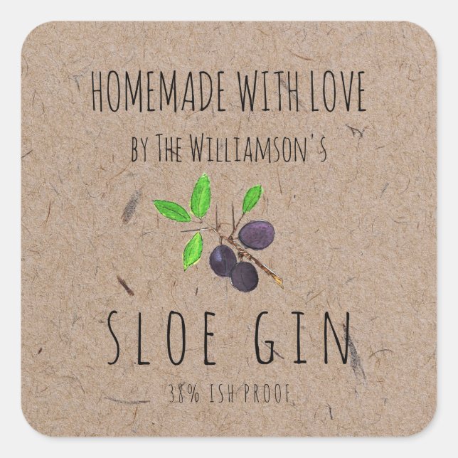 Sticker Carré Fabriqué maison avec Love Sloe Gin Kraft Papier (Devant)