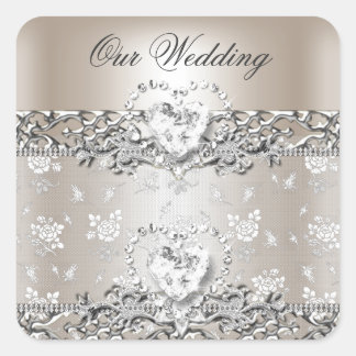 Sticker Carré Faire-part de mariage élégant argent crème diamant