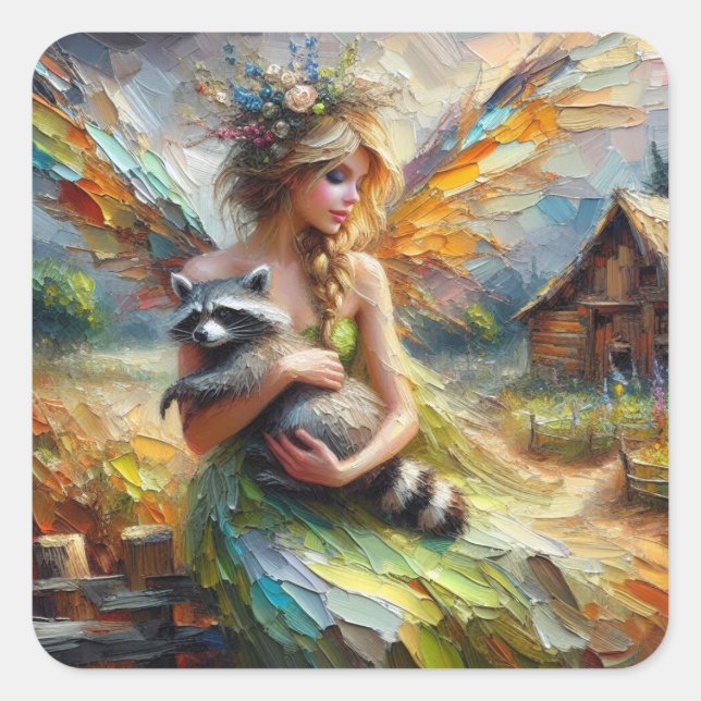 Sticker Carré Fairy and her Pet Raccoon (Devant)