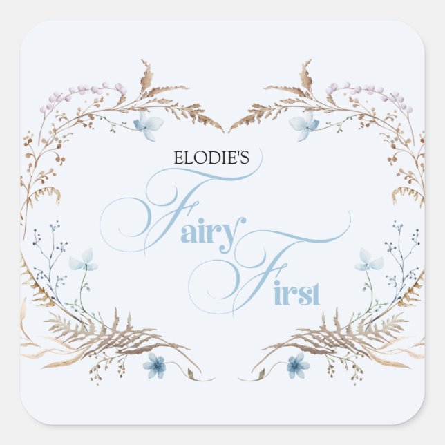 Sticker Carré Fairy First Birthday Invitation | Elegant Blue  (Devant)