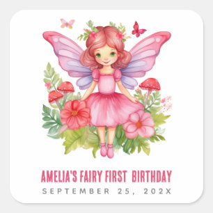 Sticker Carré Fairy Premier Anniversaire Rose jolie fille Aquare