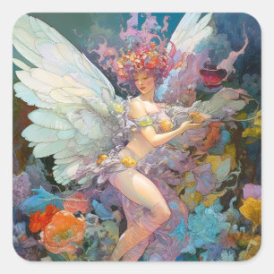 Sticker Carré Fairy Woman in Flowers Imaginaire Art