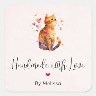 Sticker Carré Fait à la main avec amour Cute Tabby Chat avec Coe