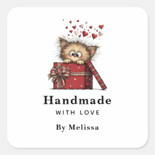 Sticker Carré Fait à la main avec amour Mignon chaton de dessin