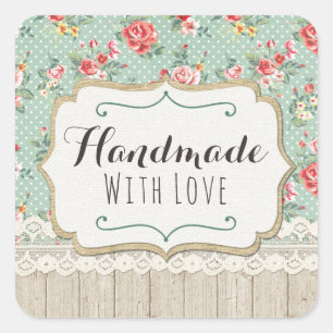 Sticker Carré Fait À La Main Avec Amour Shabby Chic Roses Dentel