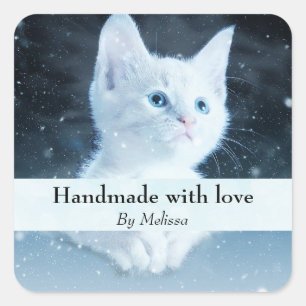 Sticker Carré Faite à la main avec amour mignon blanc Kitten Pho