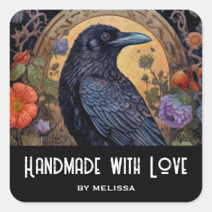 Sticker Carré Faite à la main avec amour noir corbeau foncé goth