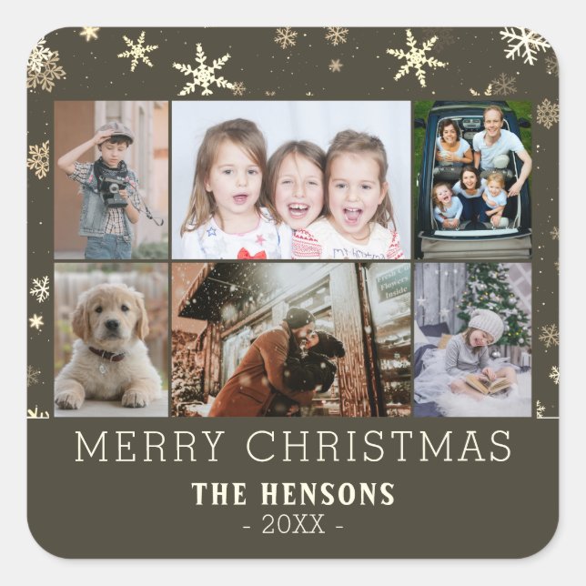 Sticker Carré Famille 6 Photo Collage Snowflakes Joyeux Noël (Devant)