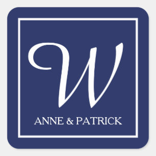 Sticker Carré Famille bleue monogramme initial & noms, mariage