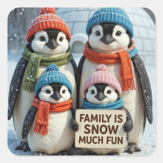 Sticker Carré Famille De Pingouins Dans Les Snowflakes (Devant)