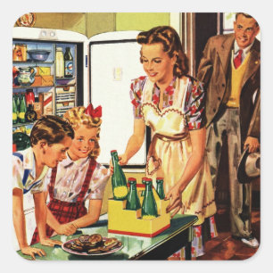 Sticker Carré Famille vintage dans la cuisine Maman Papa Enfants
