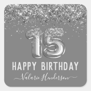 Sticker Carré Fancy Silver Parties scintillant Joyeux 15e annive