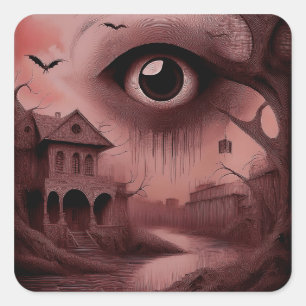 Sticker Carré Fantastique : Maison délabrée avec un énorme globe