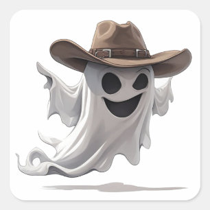 Sticker Carré Fantôme Amical Portant un Chapeau de Cowboy 👻