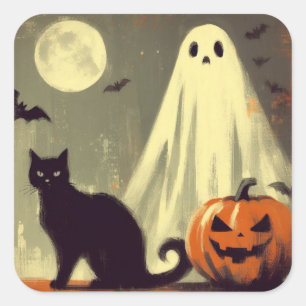 Sticker Carré Fantôme d'Halloween, chat noir et Jack-o'lanterne