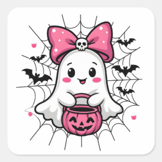 Sticker Carré Fantôme éffrayant avec Pink Bow Sensibilisation au